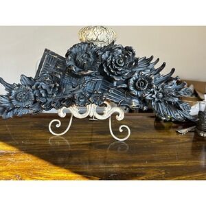 Vintage Style Carved Floral Wall Pediment Overdoor Decor Black Gold Accent